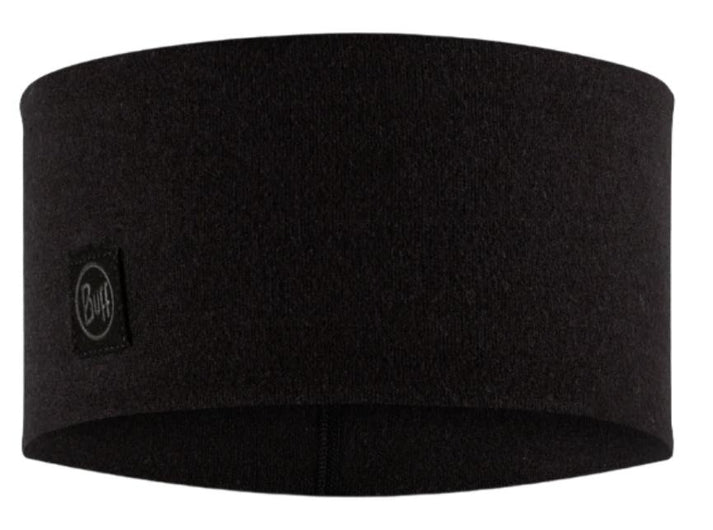 Black fleece headband with a circular logo on the left side.