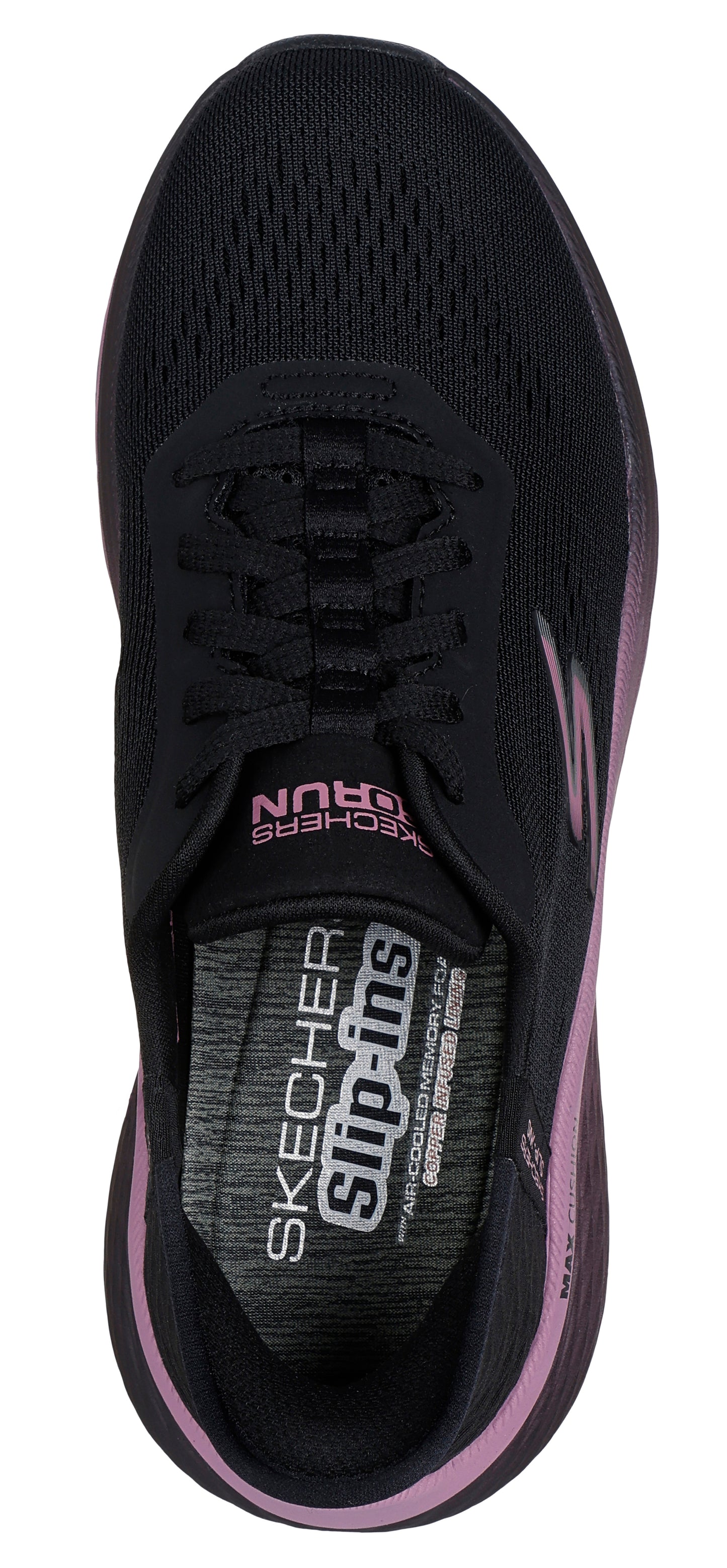 A black shoe with pink accents and visible text 'SKECHER Slip-ins' and 'GO RUN'.