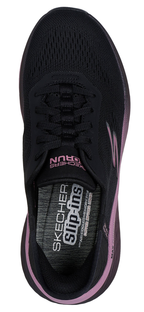 A black shoe with pink accents and visible text 'SKECHER Slip-ins' and 'GO RUN'.