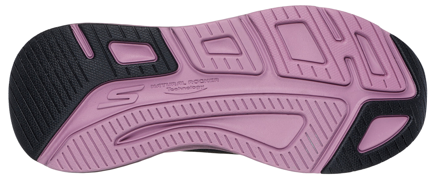 The sole of a shoe is primarily pink with black accents at the toe and heel.