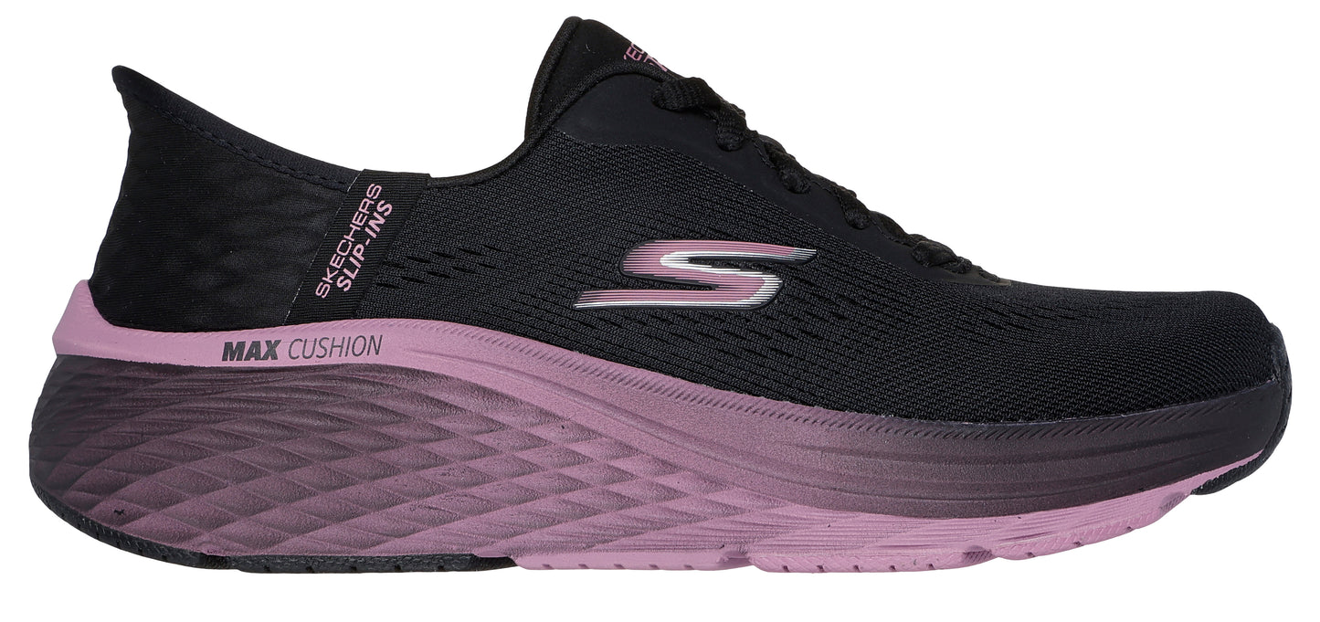 A black athletic shoe with 'MAX CUSHION' and 'SKECHERS SLIP-INS' printed on it.
