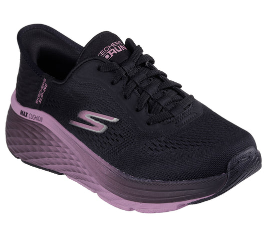 A low-top black athletic shoe with lavender midsole and laces; text on the side reads "GOrun" and "MAX CUSHION".