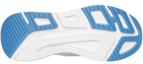 The sole of a shoe with blue and white sections.