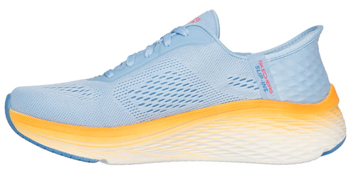 A light blue running shoe with a yellow and white sole.
