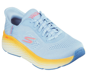 Light blue running shoe with yellow and white layered sole, pink stylized S logo, and "MAX CUSHIONING" text.