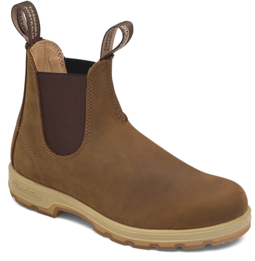 Tan Chelsea-style ankle boot with pull tabs and elastic side panels.