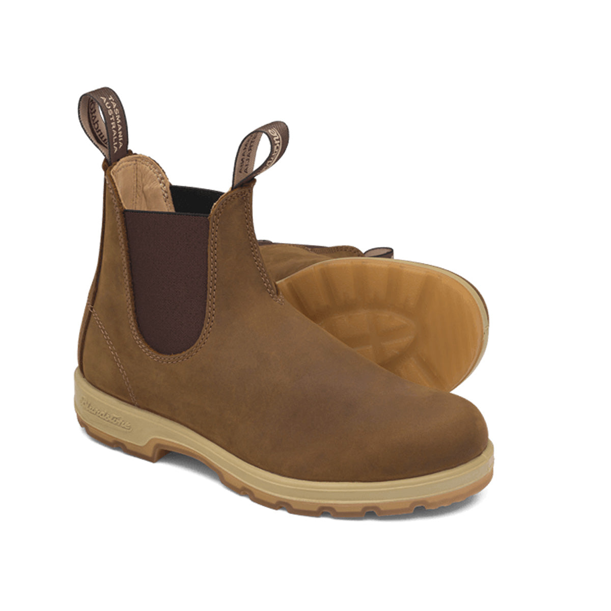 Two brown ankle boots with elastic sides and pull tabs at the top of the shafts.