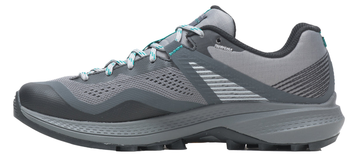 A grey running shoe with striped laces.