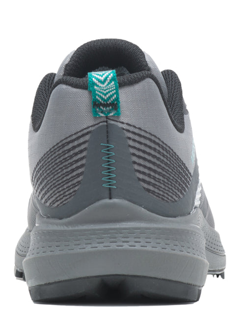 Back view of a gray athletic shoe with a teal accent.