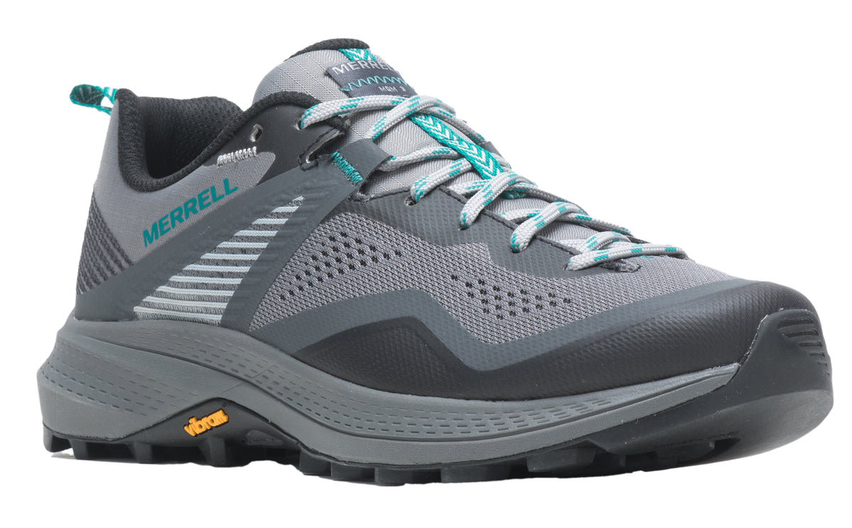 Gray and black low top hiking shoe with teal accents.