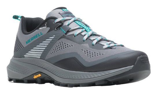 Gray and black low top hiking shoe with teal accents.
