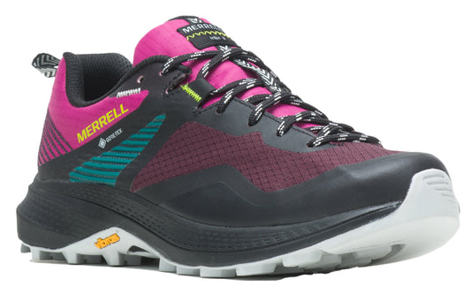 A black and pink low-top hiking shoe with a Gore-Tex logo.