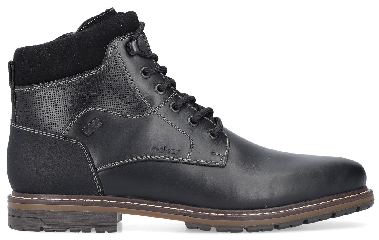 Black leather ankle boot with laces and textured accents.