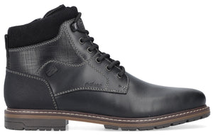 Black leather ankle boot with laces and textured accents.