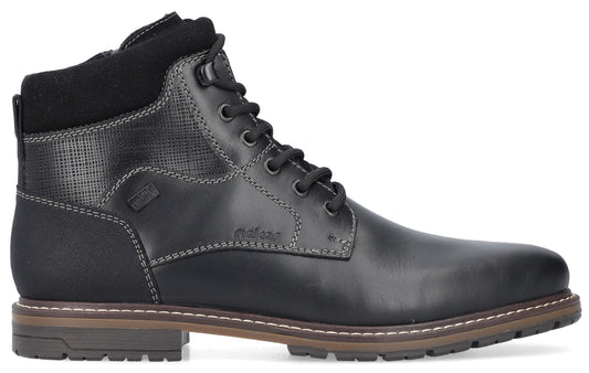 Black leather ankle boot with laces and textured accents.