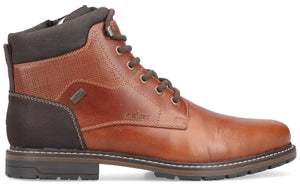 Brown ankle boot with laces, textured collar, and treaded sole.