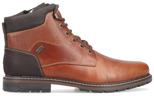 Brown ankle boot with laces, textured collar, and treaded sole.