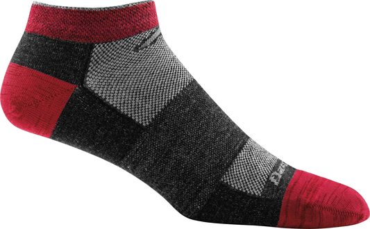 Ankle sock with red toe and heel, a gray and black mid-section, and a small white logo on the foot.