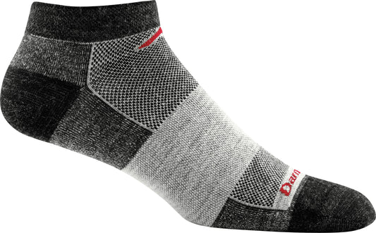 One low cut gray and black sock.