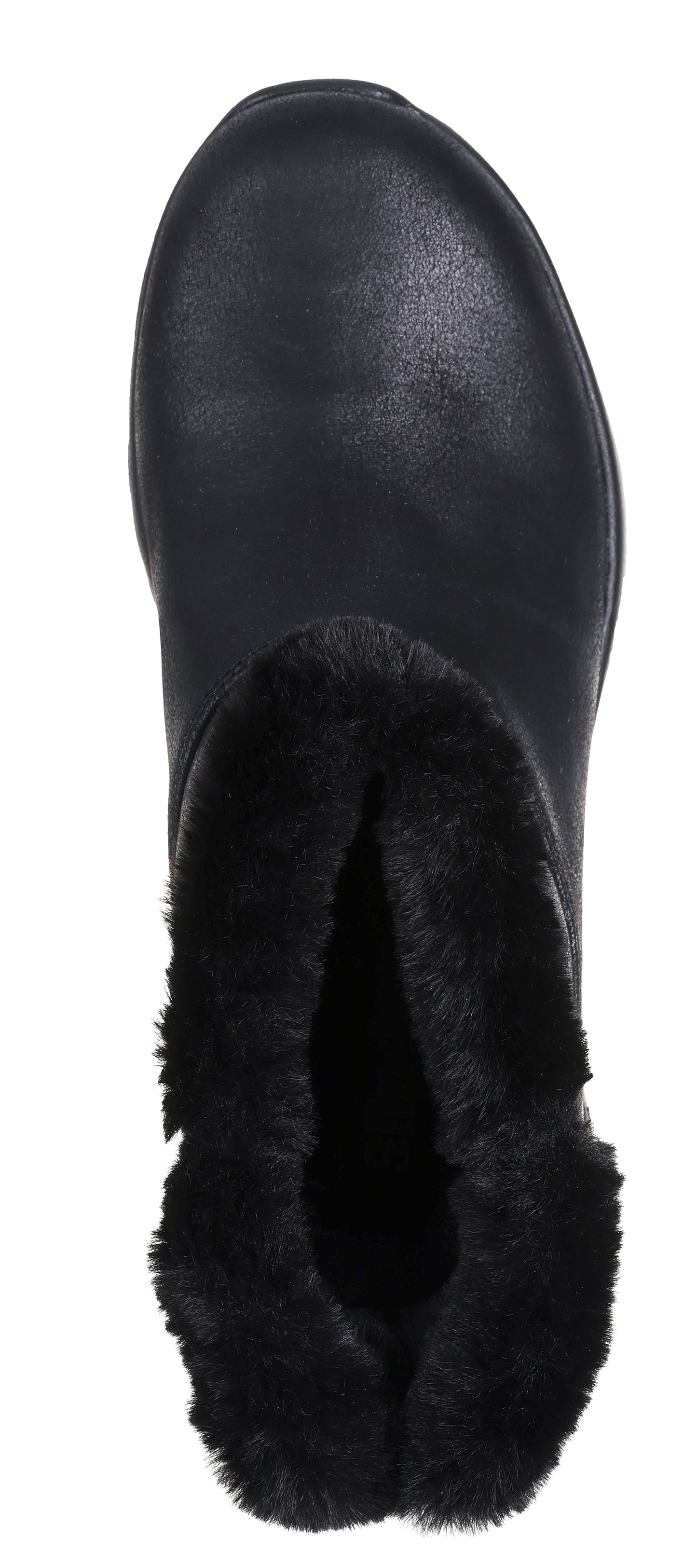 A black slipper with fur lining.