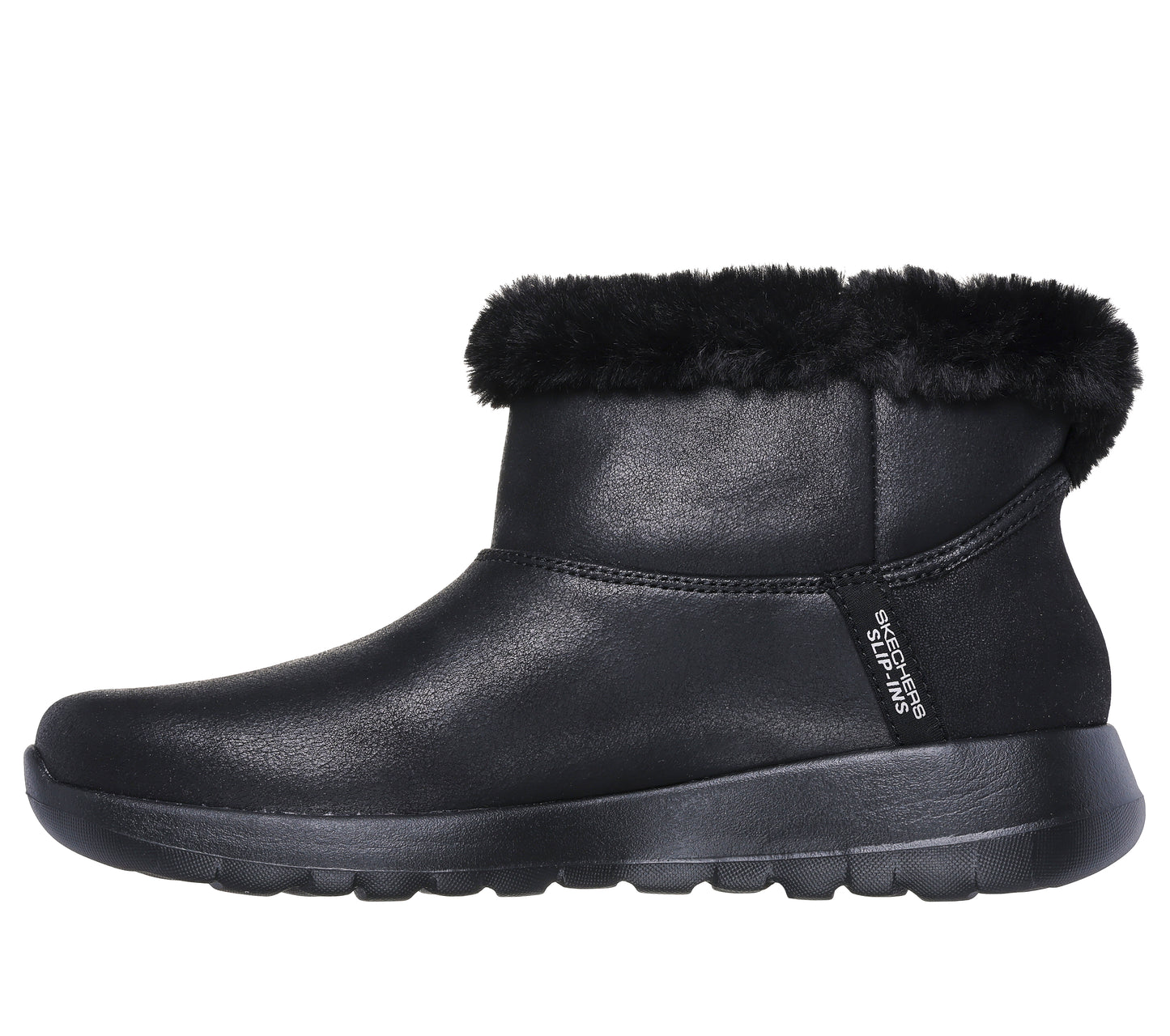 Black boot with faux fur trim.