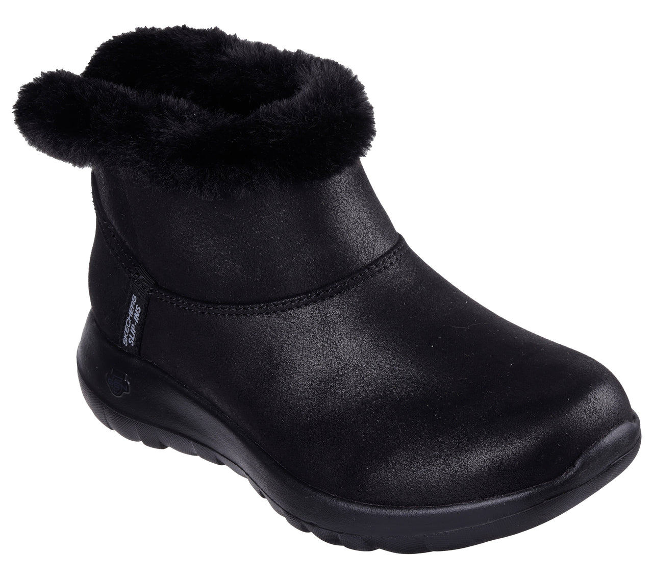 Black, short boot with faux fur trim.