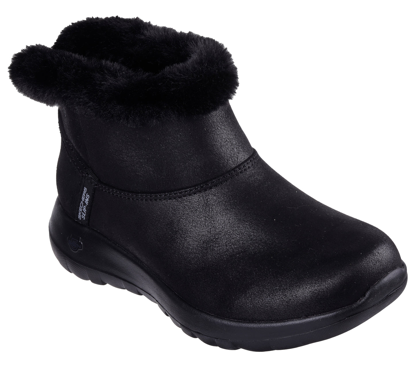 Black, short boot with faux fur trim.