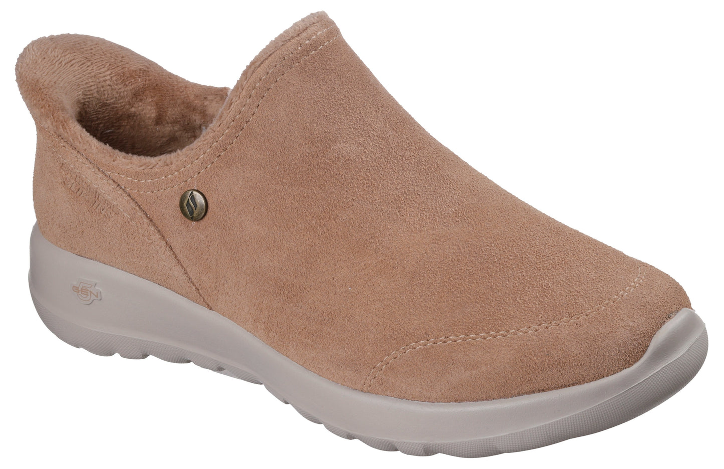 Beige suede-like slipper with a low white sole and plush interior.