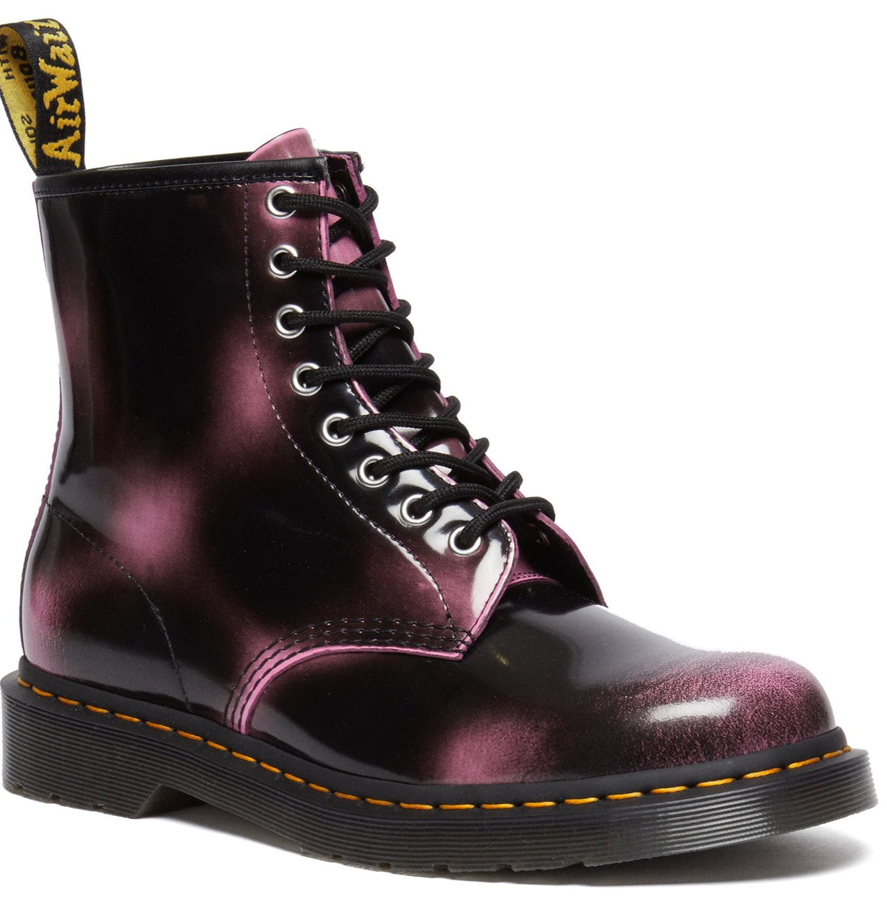 Black and purple high-top boot with laces, silver eyelets, yellow and black loop, and black sole.