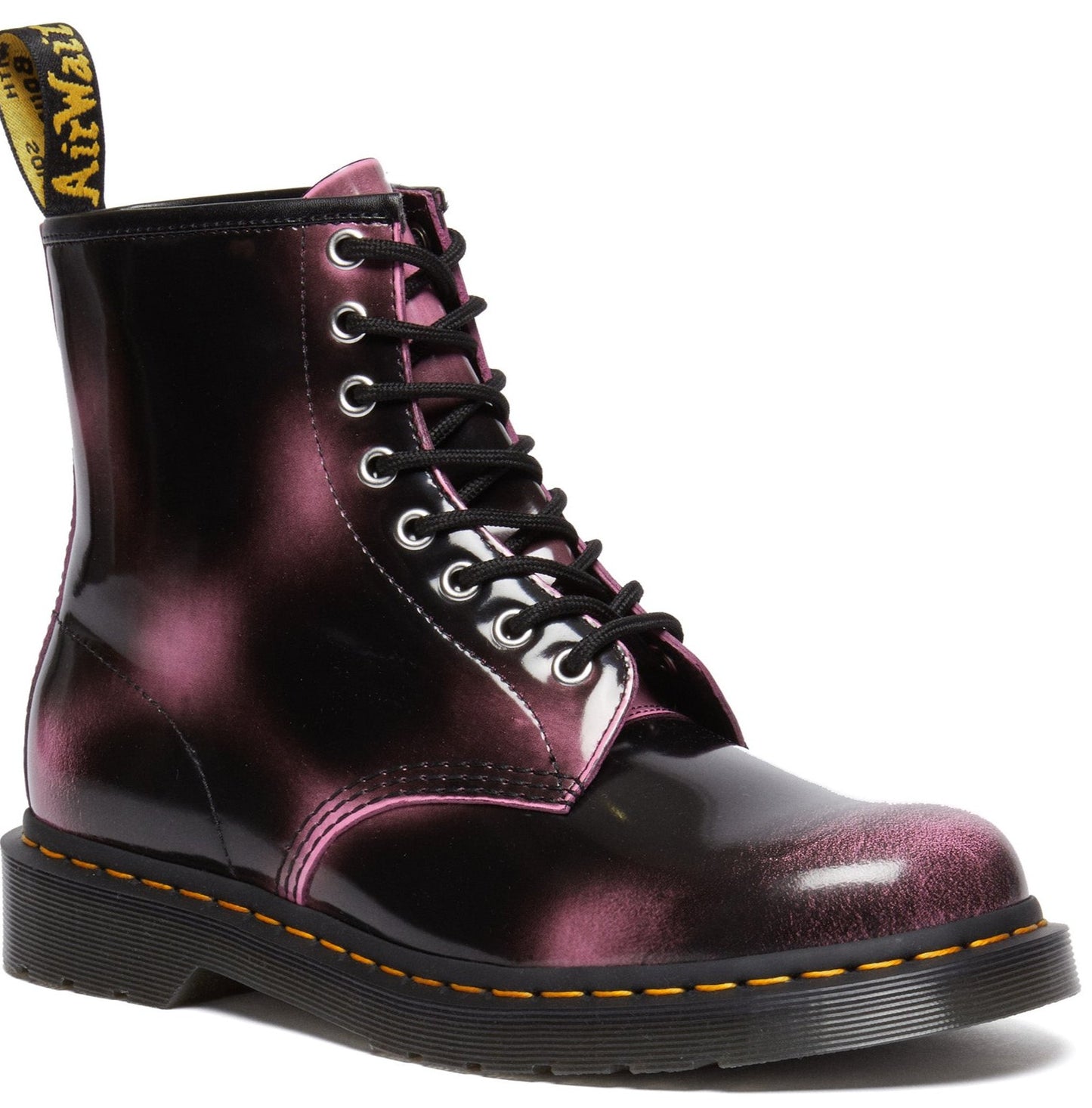 Black and purple high-top boot with laces, silver eyelets, yellow and black loop, and black sole.