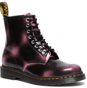 Black and purple high-top boot with laces, silver eyelets, yellow and black loop, and black sole.