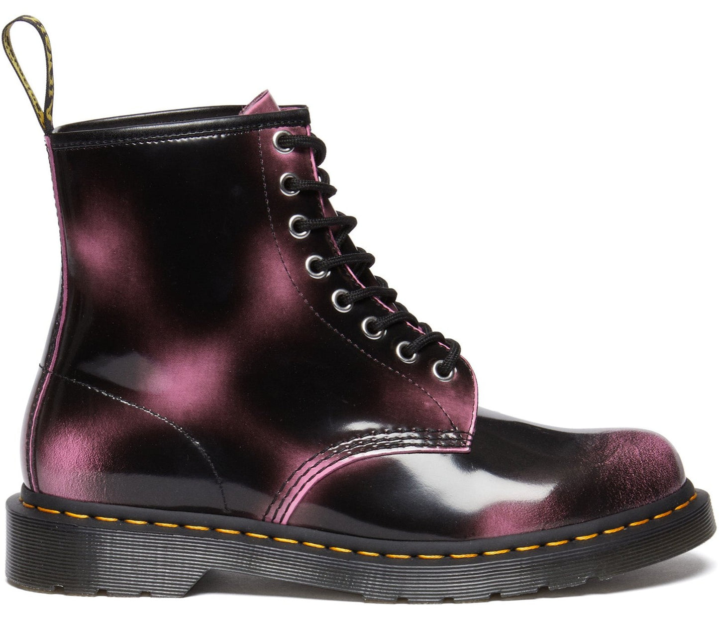 High-top boot, black with pink blotches, and black laces.