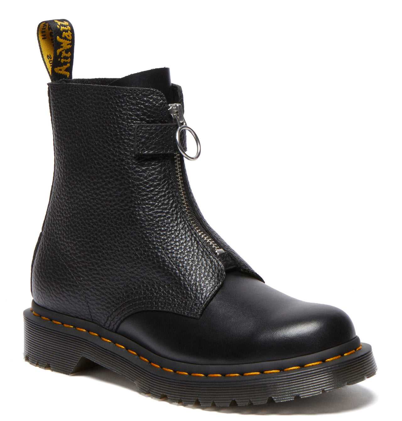 Black ankle boot with textured leather, front zipper, yellow stitching, and "Air Wair" on the pull tab.