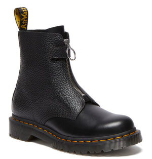 Black ankle boot with textured leather, front zipper, yellow stitching, and "Air Wair" on the pull tab.