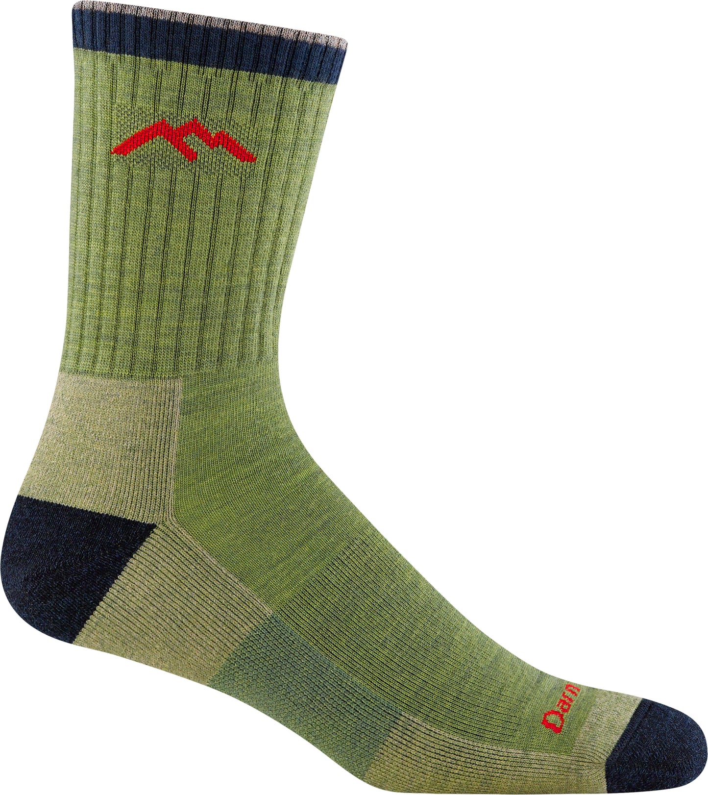 Green sock with navy toe, heel, and top, and a red mountain peak logo.