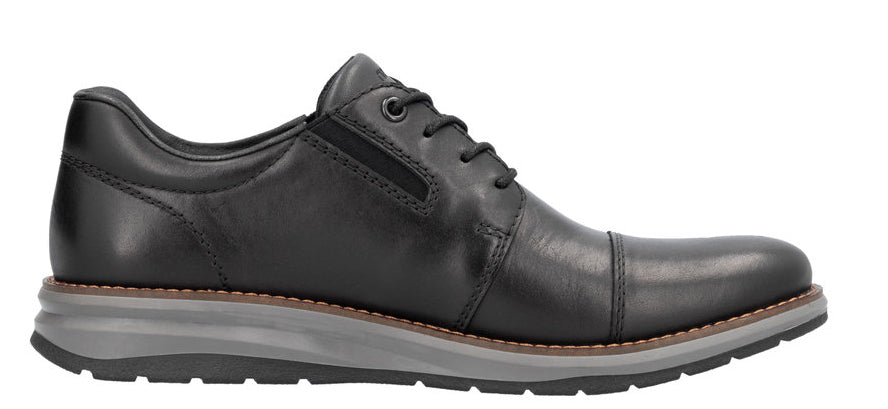 Black leather dress shoe with cap toe and gray sole.