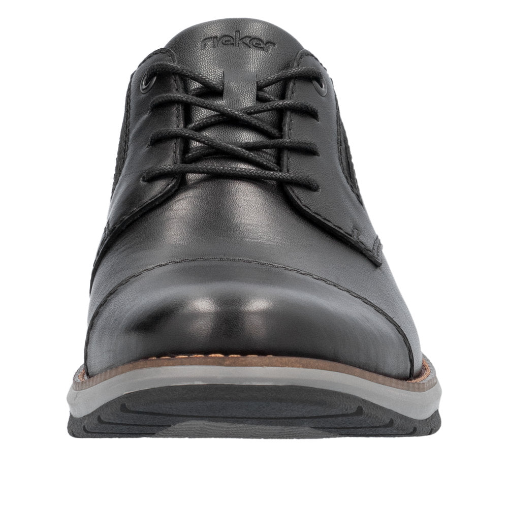 Black leather dress shoe with laces, visible text 'rieker' on tongue