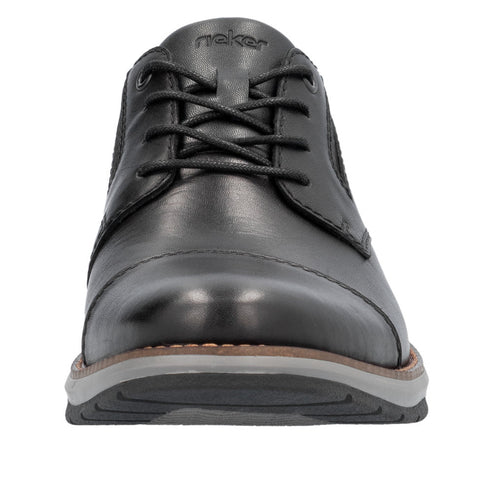 Black leather dress shoe with laces, visible text 'rieker' on tongue