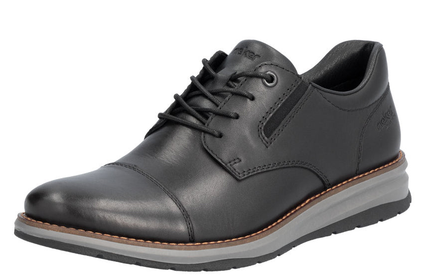 Black leather cap-toe shoe with laces and gray sole.