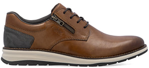 A brown leather shoe with a zipper on the side.