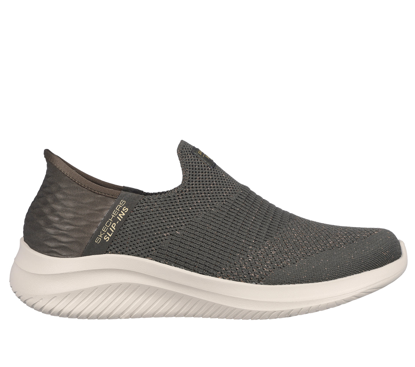 Slip-on sneaker with gray knitted upper and white sole.