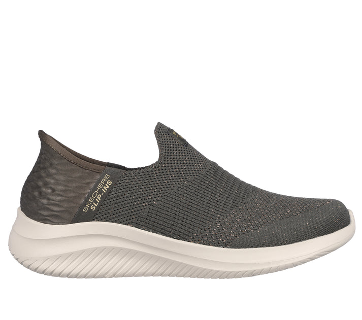 Slip-on sneaker with gray knitted upper and white sole.