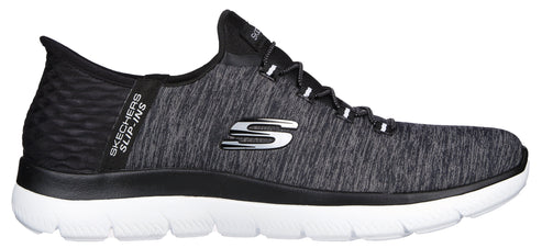 A grey and black slip-on shoe with a white sole and the word "SKECHERS SLIP-INS" visible on the side.