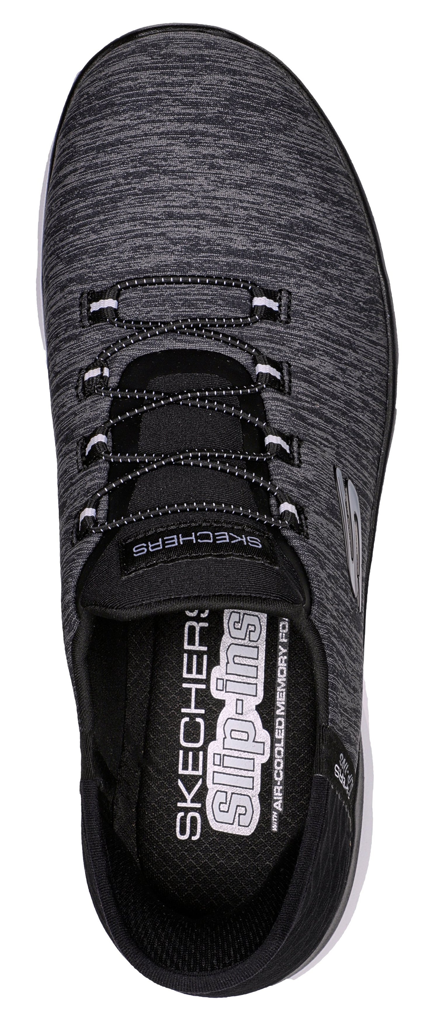 Overhead view of slip-on walking shoe with elastic laces.