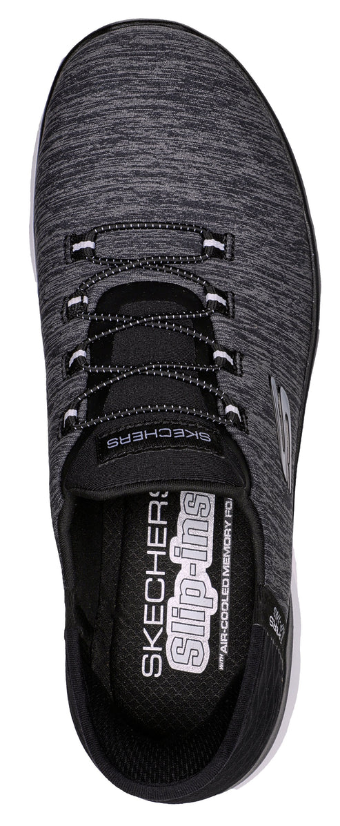 Overhead view of slip-on walking shoe with elastic laces.