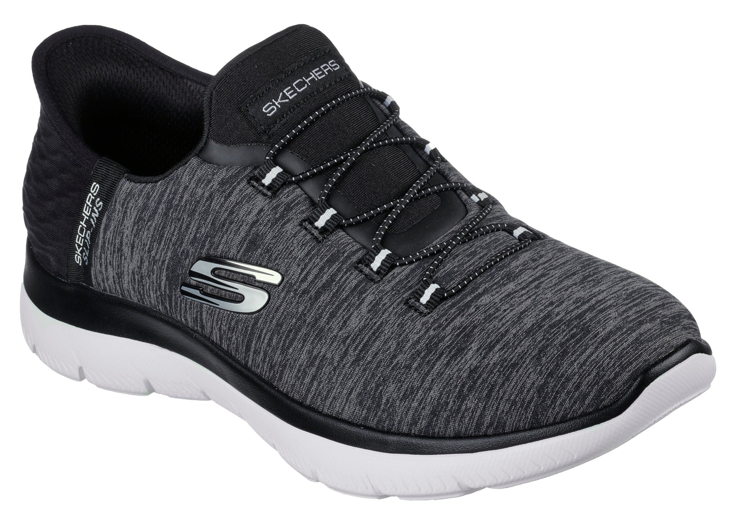 Heathered gray slip-on sneaker with a white sole, black laces, black collar with the word "SKECHERS" and the word "SUMMITS" in small letters on the side.