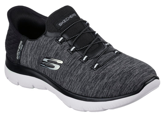 Heathered gray slip-on sneaker with a white sole, black laces, black collar with the word "SKECHERS" and the word "SUMMITS" in small letters on the side.