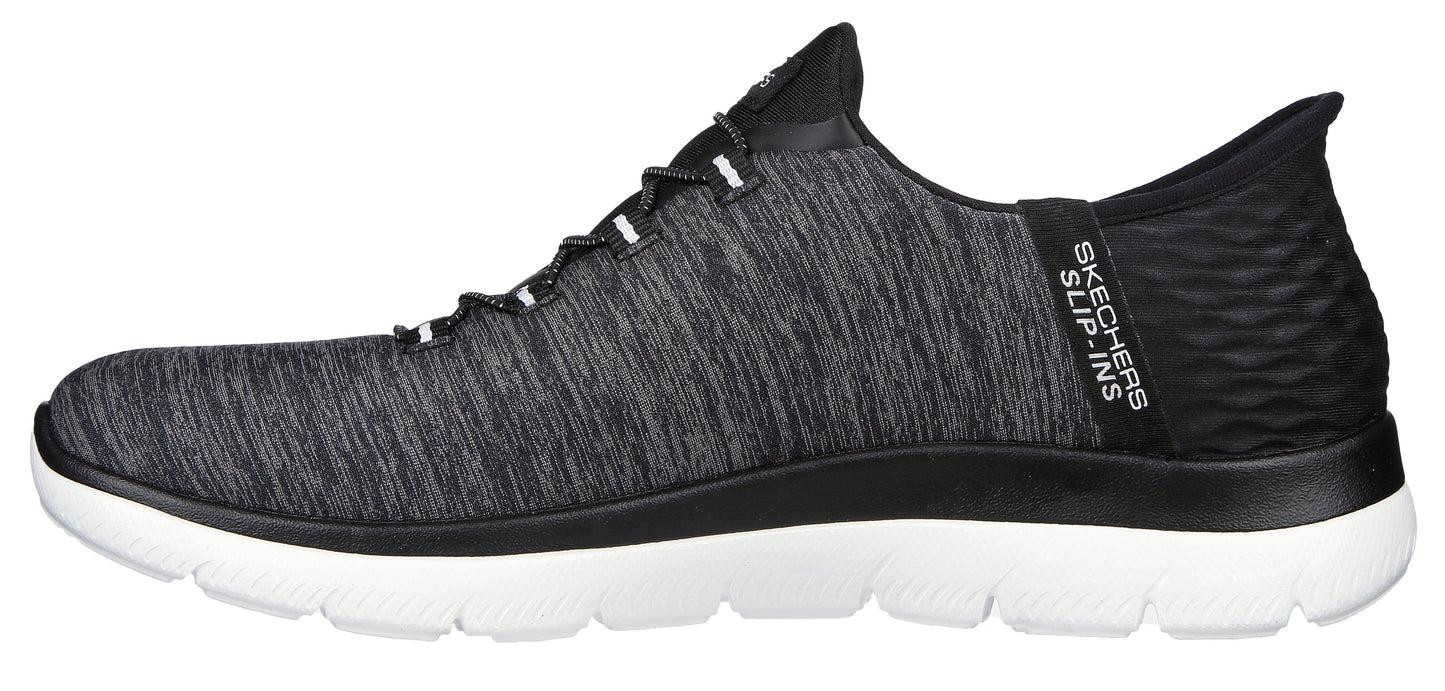 Athletic slip-on shoe with gray and black patterned upper, white sole, and black accents.