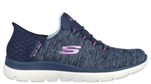 Slip-on blue shoe with wavy accents and a white sole featuring a purple S logo.