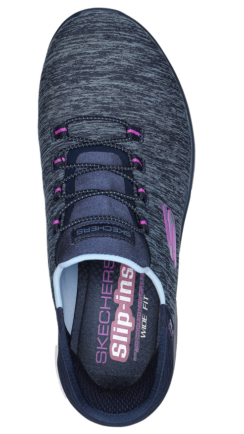 Top view of a wide fit, knit navy shoe with purple accents, and elastic shoelaces.